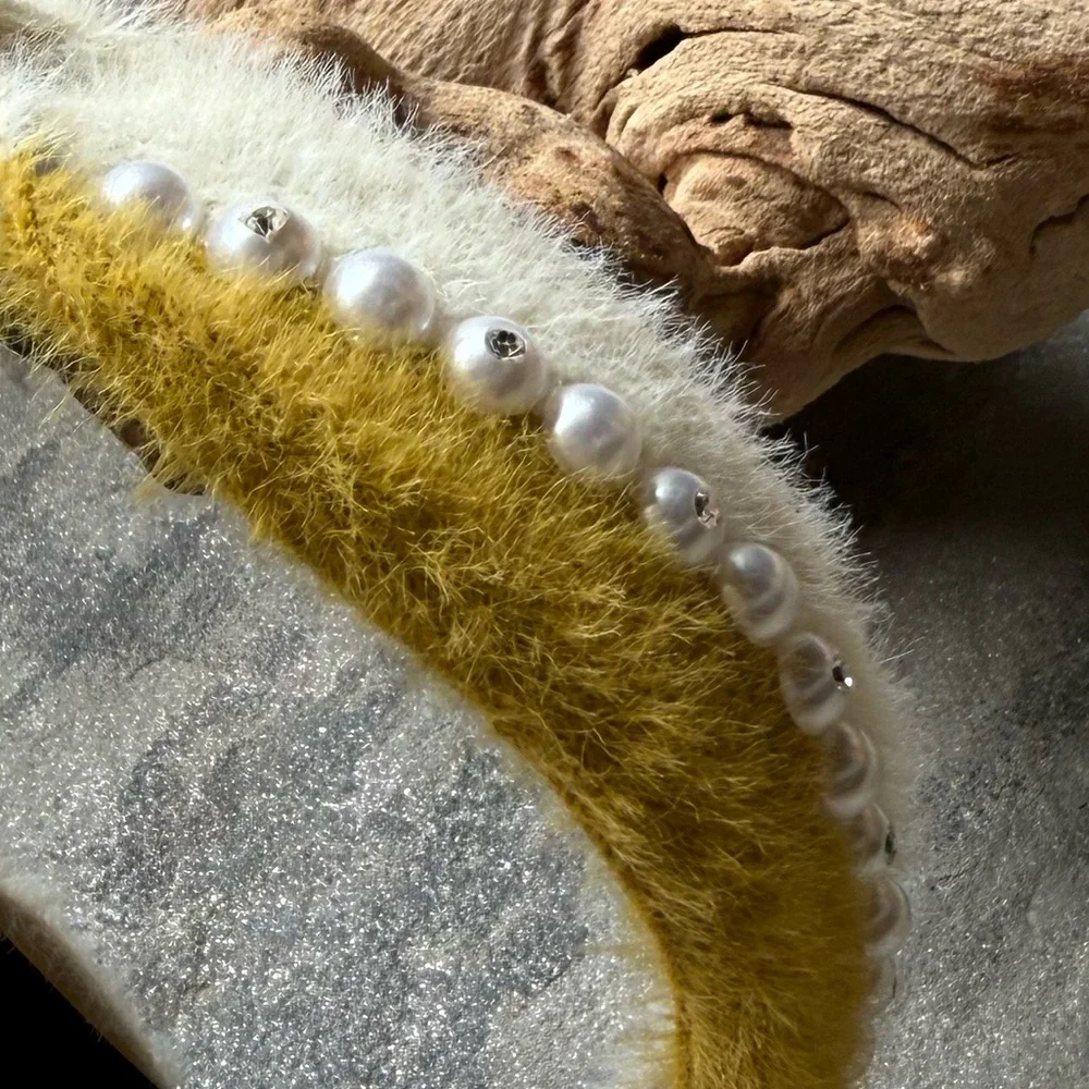 New🌟Anthropologie- Yellow and White Fuzzy Headband with Pearls